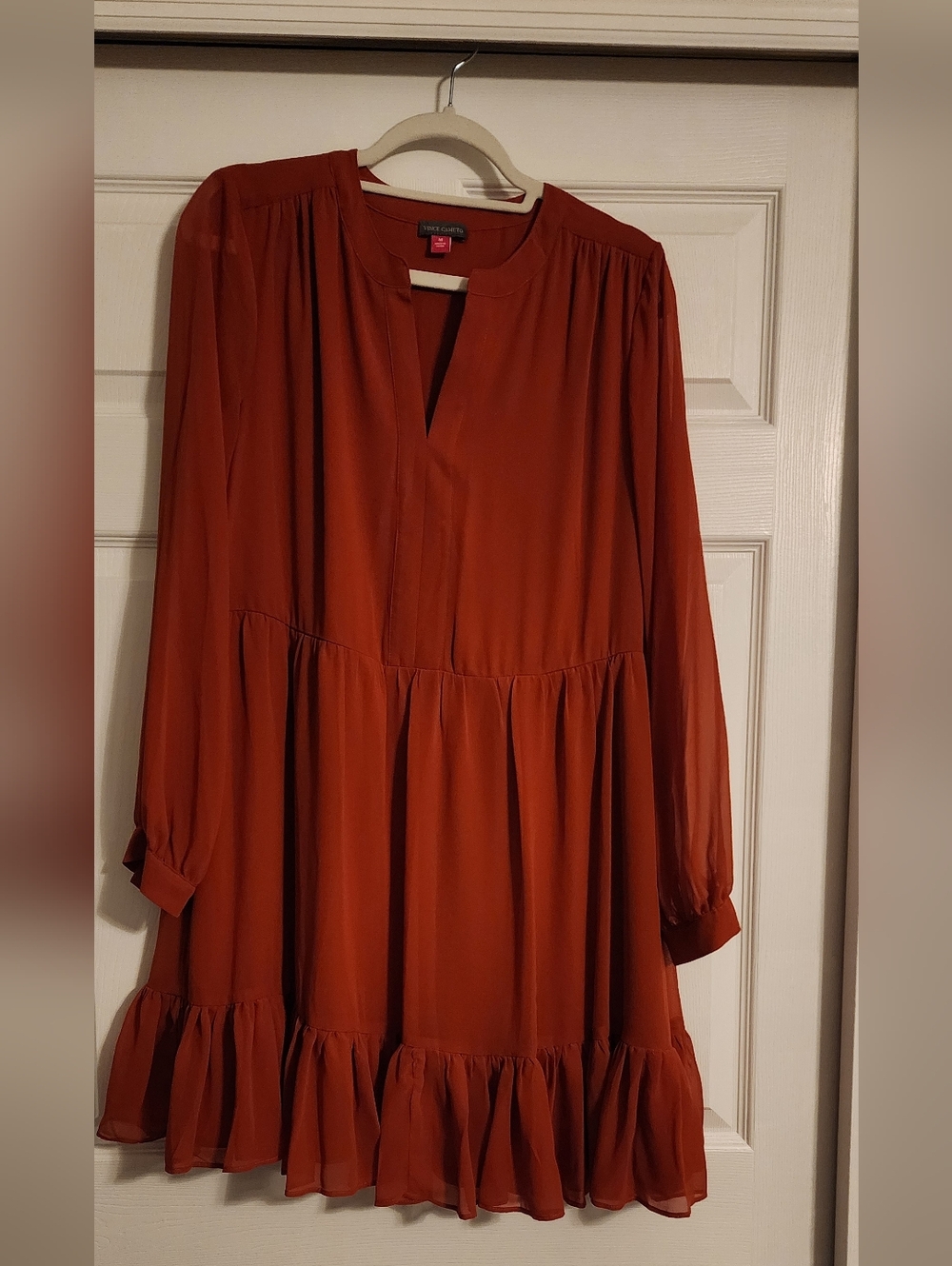 Vince Camuto Rust Red Long-Sleeve Ruffle Hem Dress